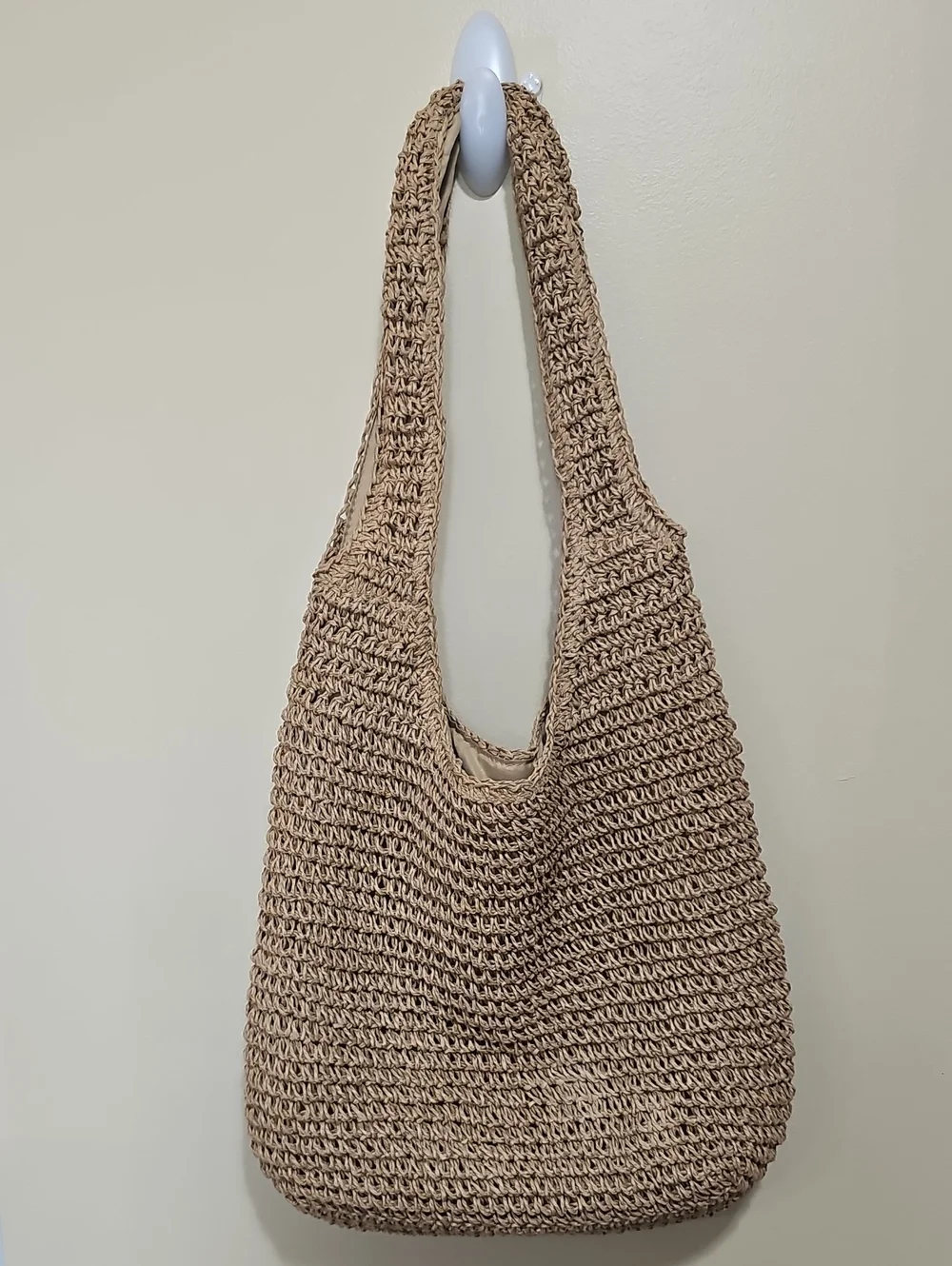Large Boho Crochet Raffia Slouchy Hobo Shoulder Bag Tan Woven Straw Beach Tote